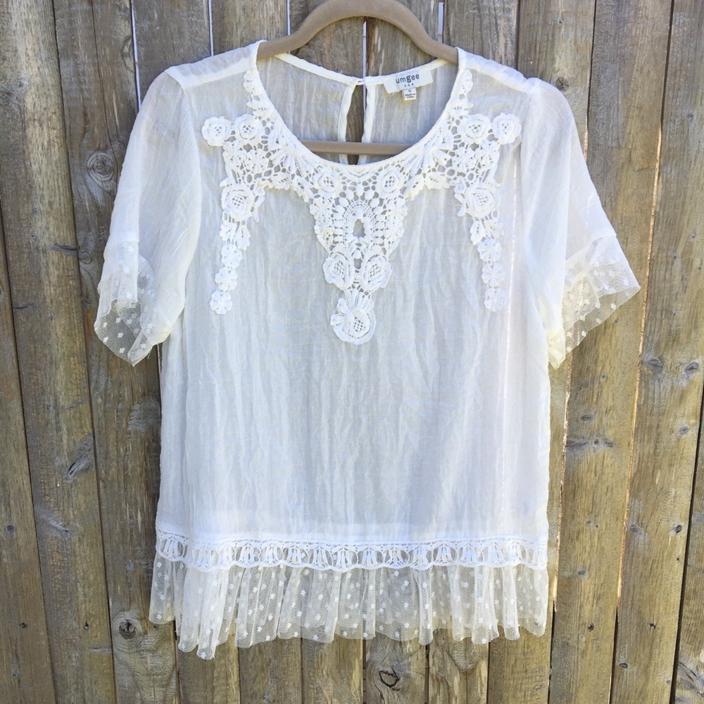 Umgee White Lace Crochet Cottagecore Peplum Top